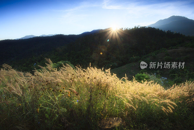 美丽的早晨日出的风景山在Pai, Mae Hong Son，泰国。